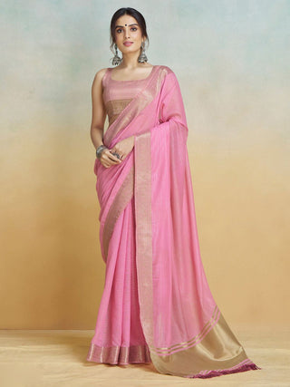 Pink Graceful Woven Handloom Pure Cotton Saree with Chanderi Cotton Clothsvilla
