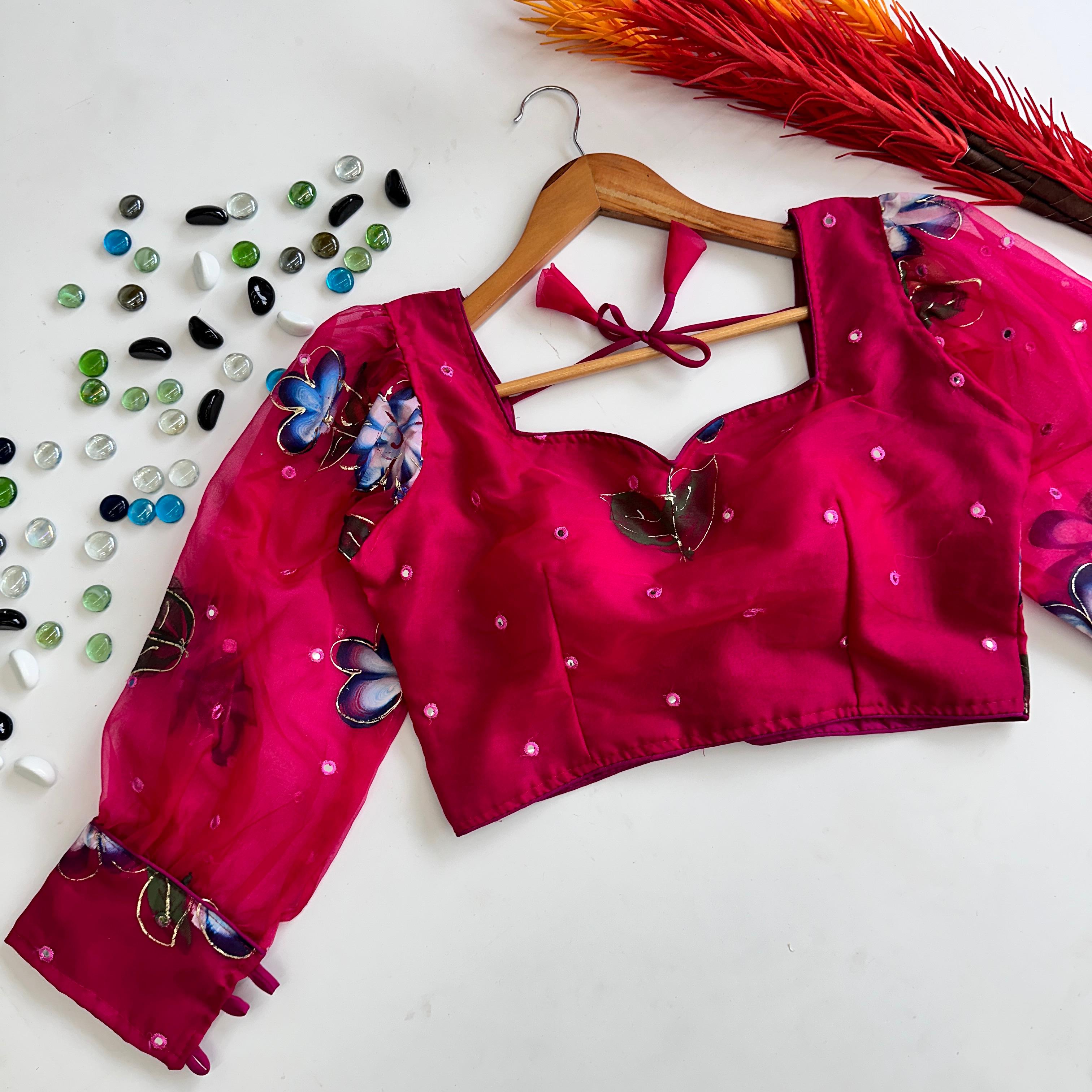 Pink Hand-Painted Organza Silk Blouse with Embroidery Accents ClothsVilla Main image