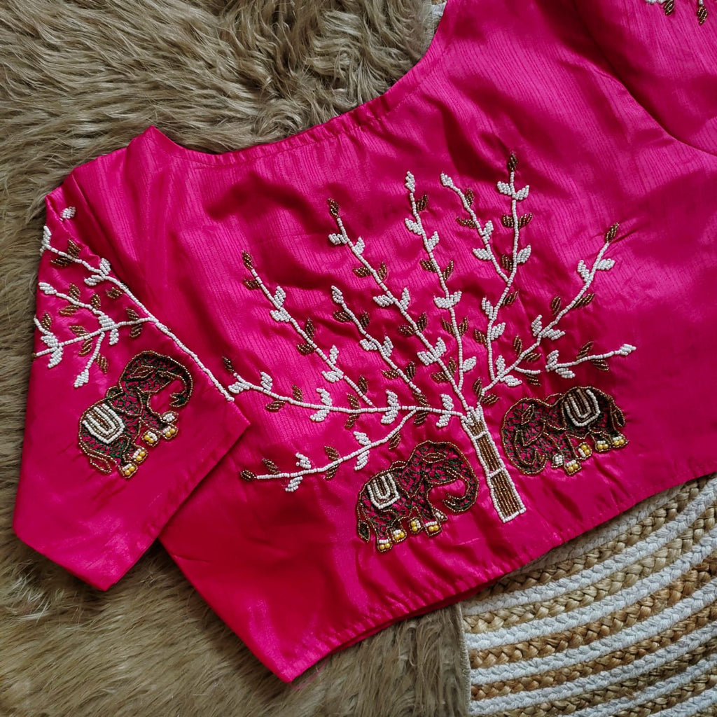 Pink Handcrafted Blouse with Detailed Sleeves and Back in Haka Silk ClothsVilla