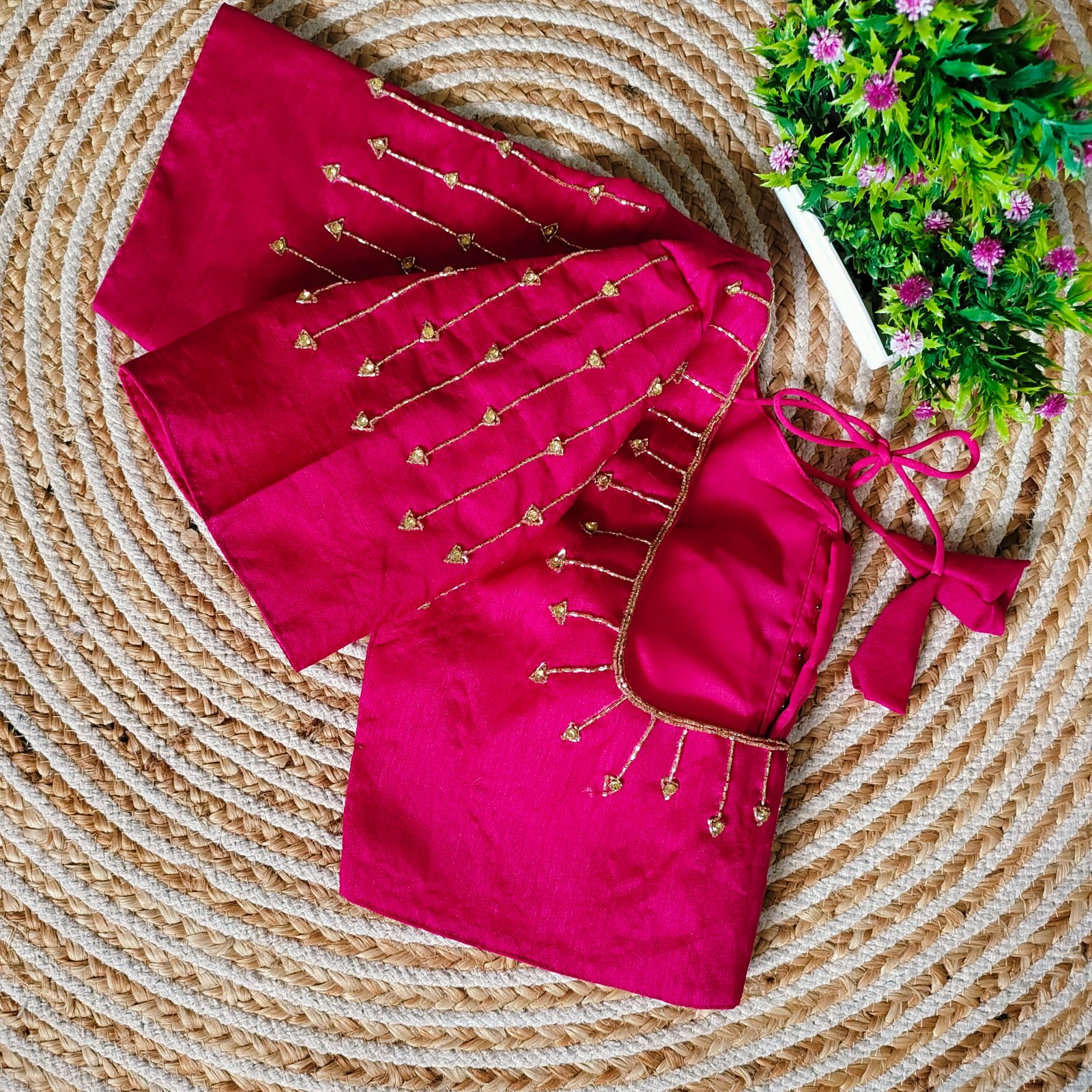 Pink Handcrafted Golden Resham Silk Blouse with Stunning Sleeve and Back Detailing Secondary image