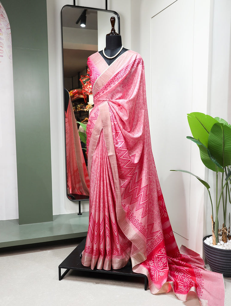 Pink Handloom Kotha Border Saree with Digital Print ClothsVilla