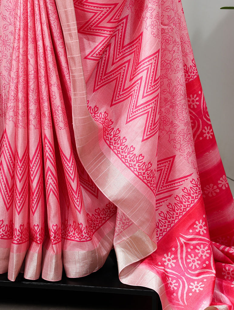 Pink Handloom Kotha Border Saree with Digital Print ClothsVilla