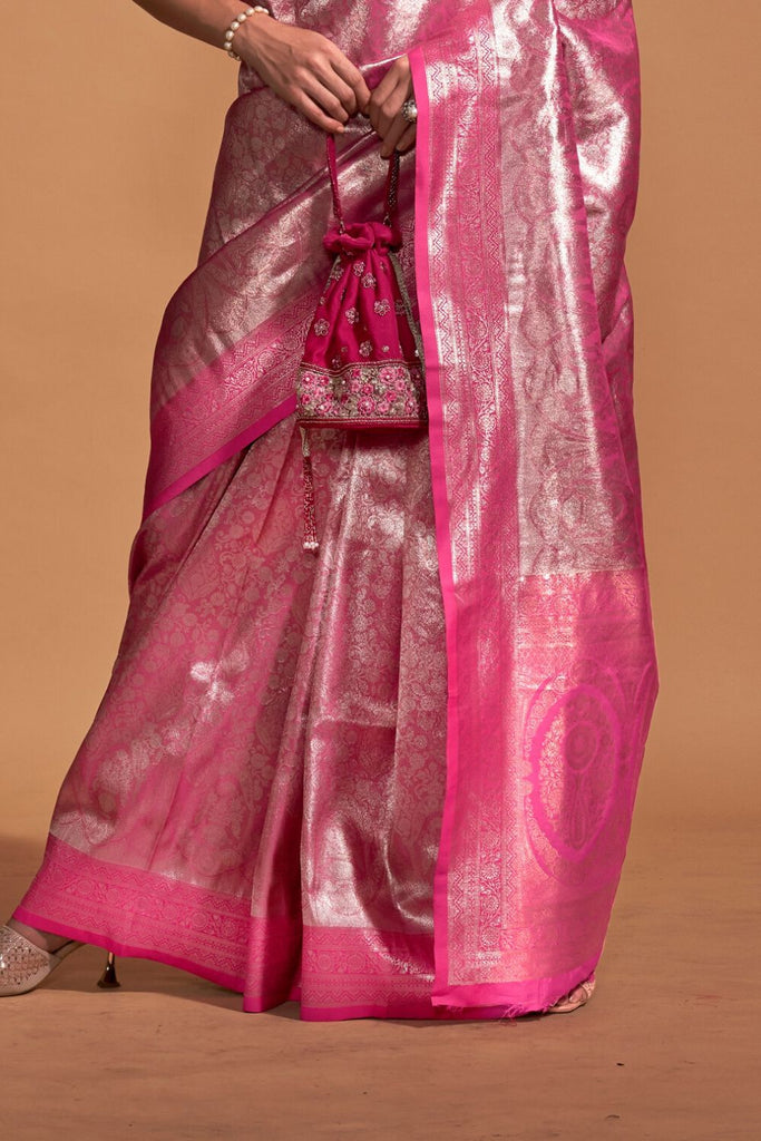 Pink Handwoven Kanjivaram Silk Saree with Blouse Piece Clothsvilla