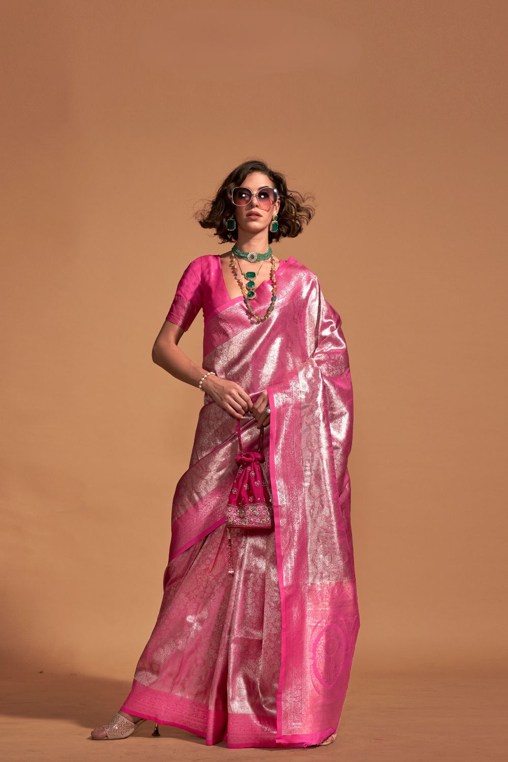 Pink Handwoven Kanjivaram Silk Saree with Blouse Piece Clothsvilla
