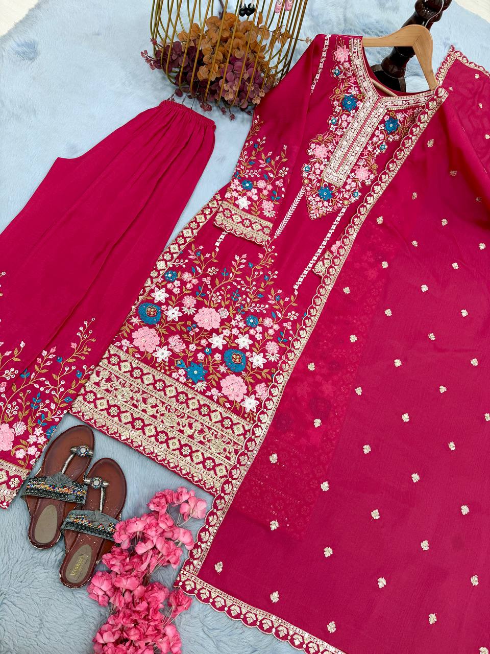 Pink Heavy Chinon Silk Plazzo Set ClothsVilla