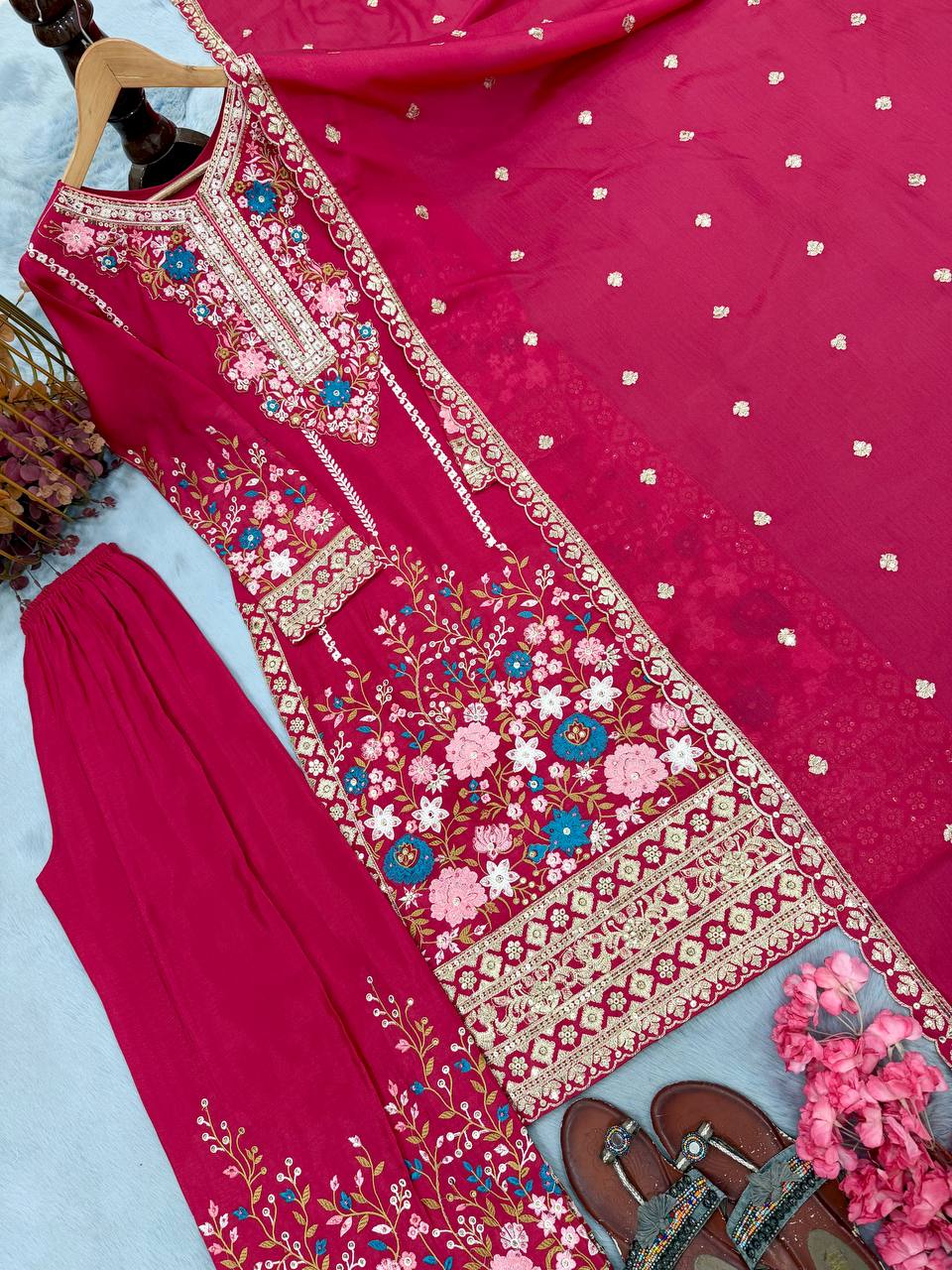 Pink Heavy Chinon Silk Plazzo Set ClothsVilla