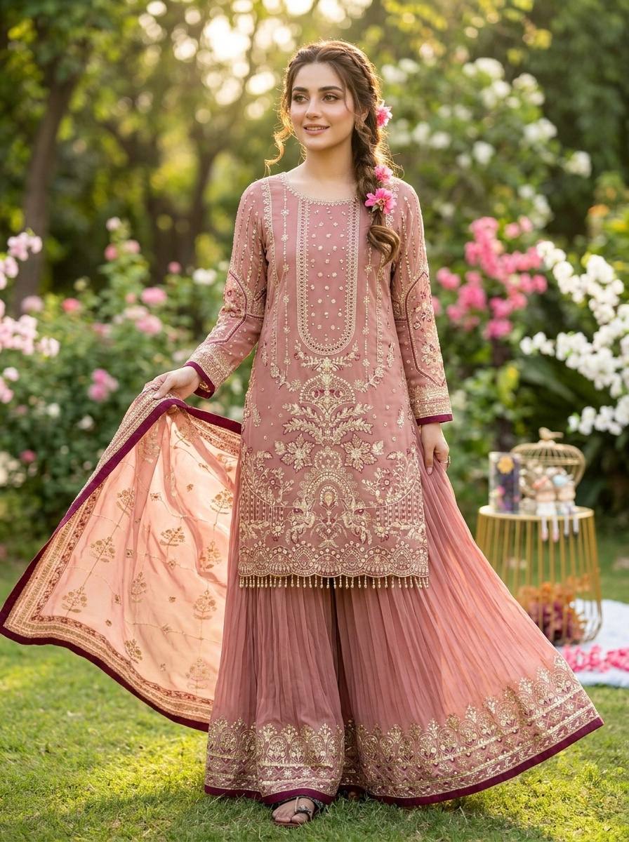 Pink Heavy Embroidered Plazzo Suit Set ClothsVilla