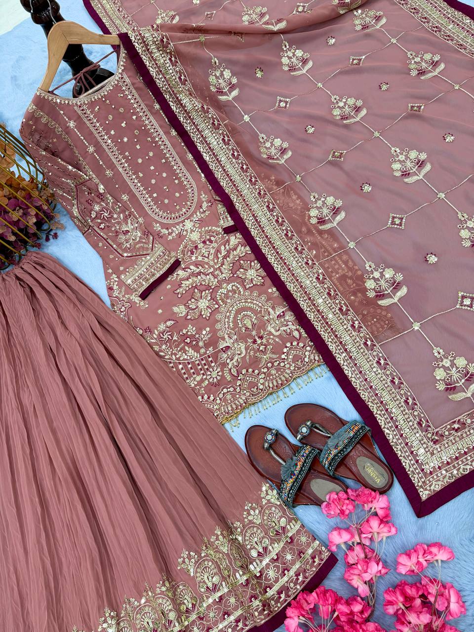 Pink Heavy Embroidered Plazzo Suit Set ClothsVilla