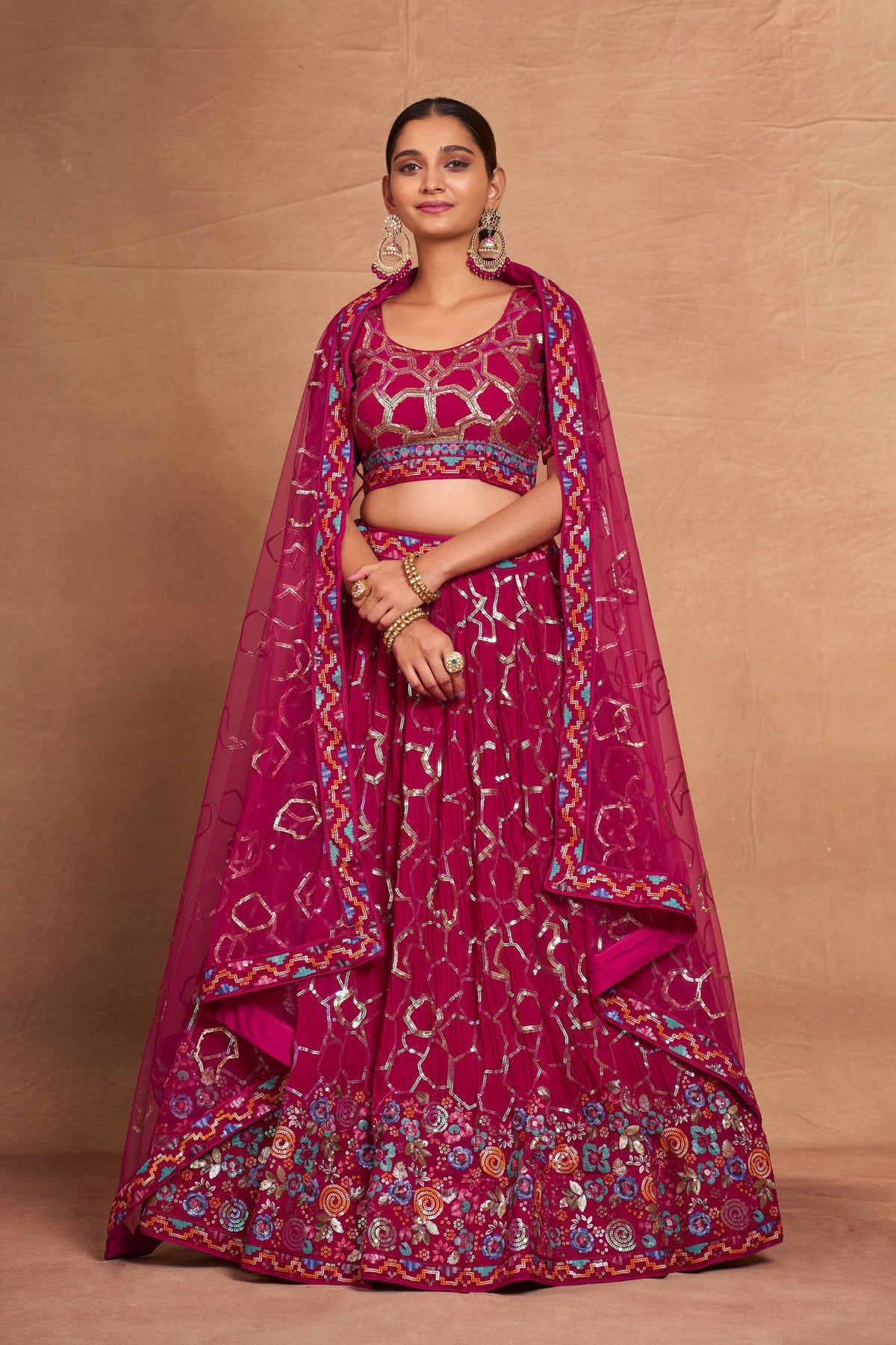Pink Heavy Georgette Embroidered Lehenga Choli Set with Sequins & Net Dupatta ClothsVilla Main image