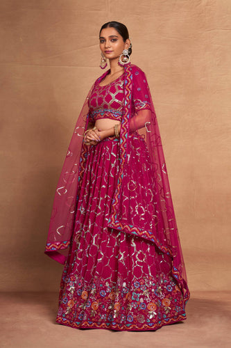 Pink Heavy Georgette Embroidered Lehenga Choli Set with Sequins & Net Dupatta ClothsVilla