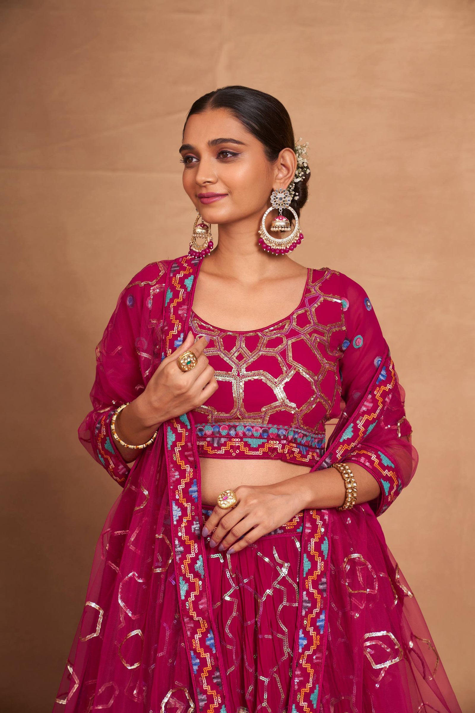 Pink Heavy Georgette Embroidered Lehenga Choli Set with Sequins & Net Dupatta ClothsVilla