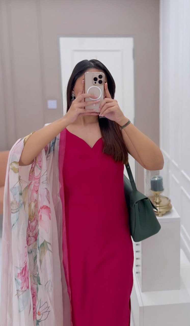 Pink Georgette Kurta Set with Butter Silk Pant & Digital Printed Dupatta