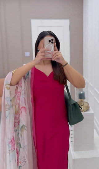 Pink Georgette Kurta Set with Butter Silk Pant & Digital Printed Dupatta