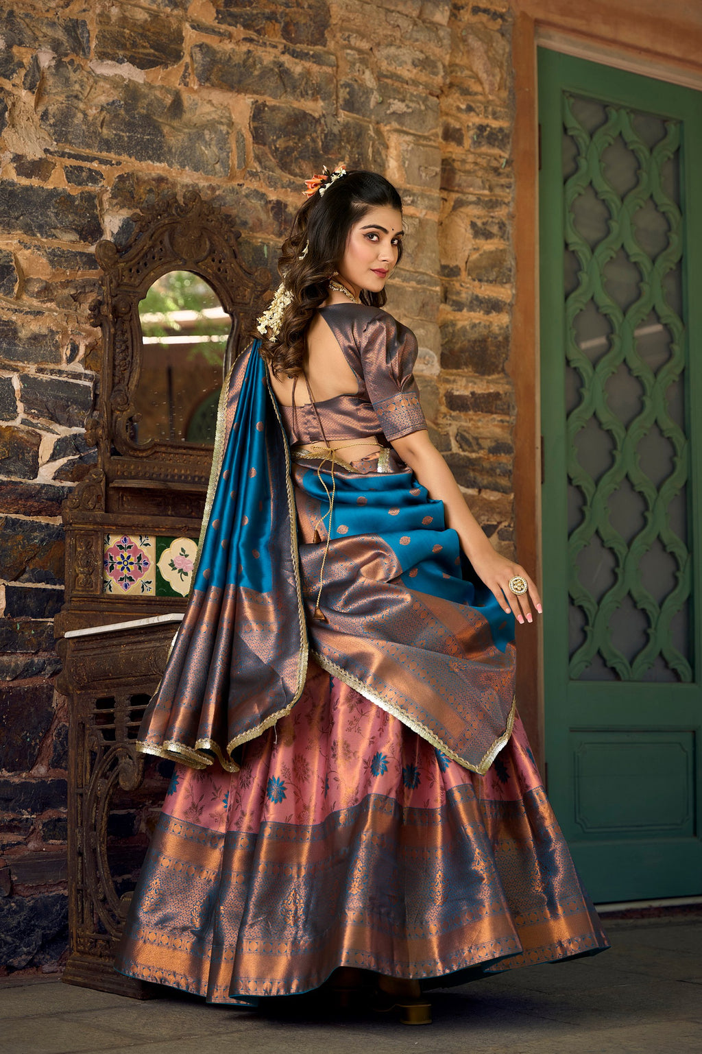 Pink Jacquard Silk Lehenga Choli Set with Zari Work ClothsVilla