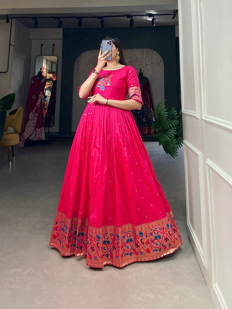 Pink Jacquard Silk Paithani Gown ClothsVilla