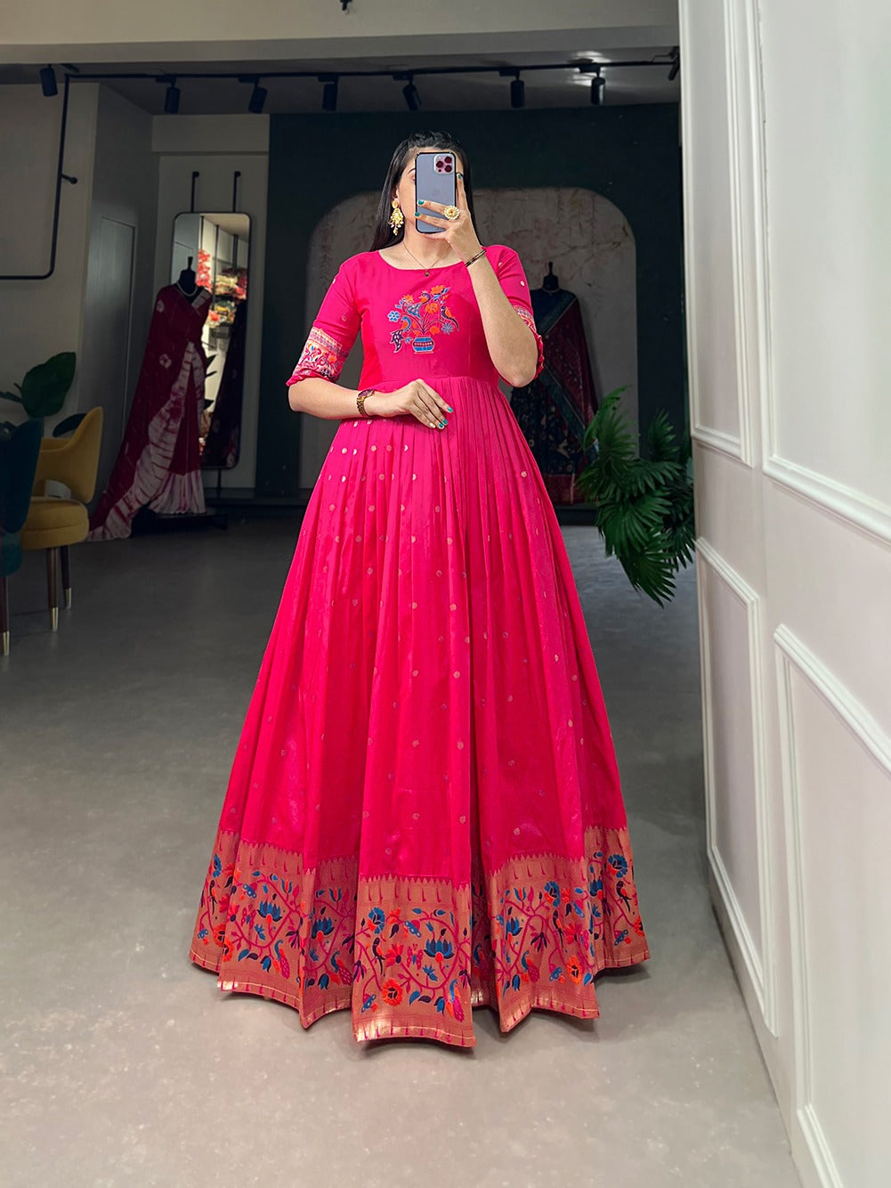 Pink Jacquard Silk Paithani Gown ClothsVilla