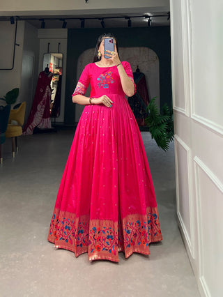 Pink Jacquard Silk Paithani Gown ClothsVilla