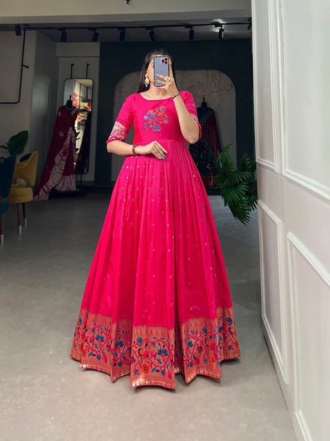 Pink Jacquard Silk Paithani Gown ClothsVilla Main image