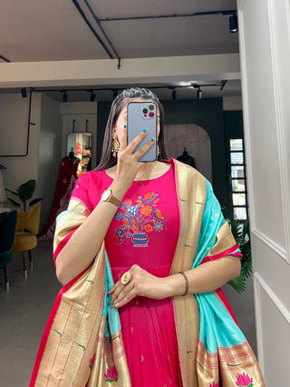 Pink Jacquard Silk Stitched Gown ClothsVilla