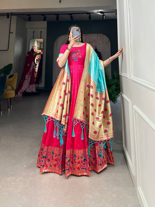 Pink Jacquard Silk Stitched Gown ClothsVilla