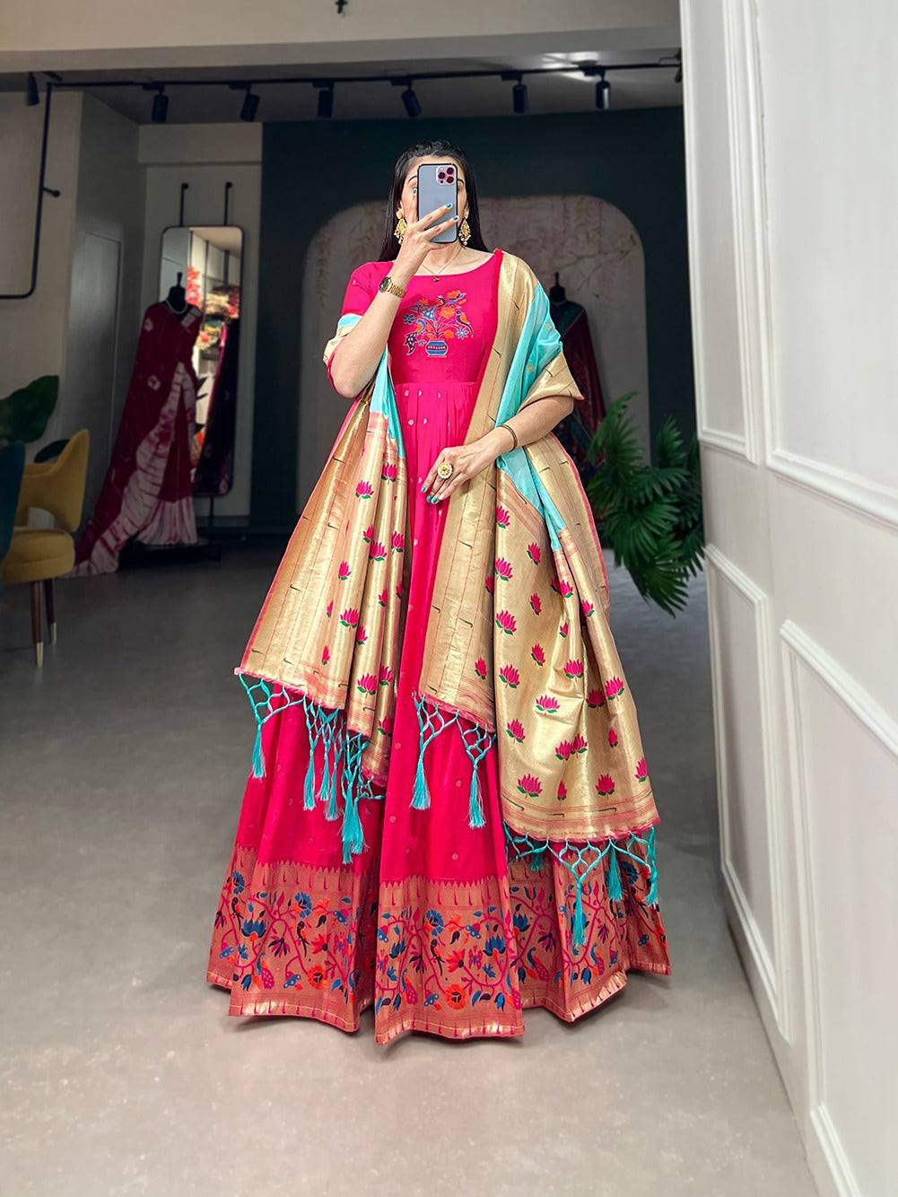 Pink Jacquard Silk Stitched Gown ClothsVilla