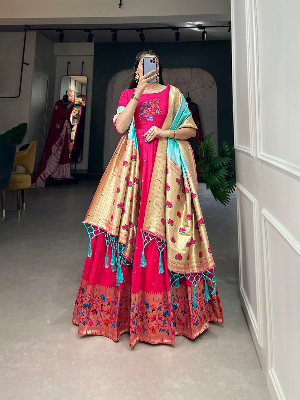 Pink Jacquard Silk Stitched Gown ClothsVilla