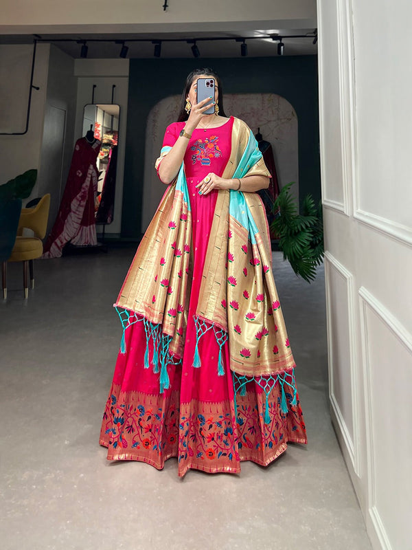 Pink Jacquard Silk Stitched Gown ClothsVilla