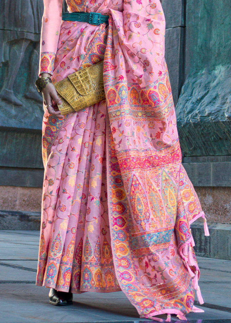 Pink Jamawar Woven Organza Silk Saree – Traditional Elegance with Blouse Piece ClothsVilla