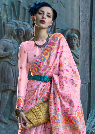 Pink Jamawar Woven Organza Silk Saree – Traditional Elegance with Blouse Piece ClothsVilla