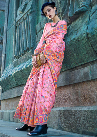Pink Jamawar Woven Organza Silk Saree – Traditional Elegance with Blouse Piece ClothsVilla