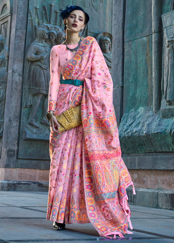 Pink Jamawar Woven Organza Silk Saree – Traditional Elegance with Blouse Piece ClothsVilla