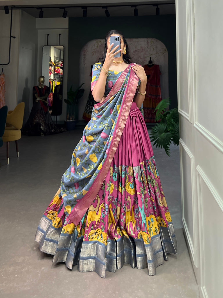 Pink Kalamkari Dola Silk Lehenga Choli Set with Zari Borders ClothsVilla