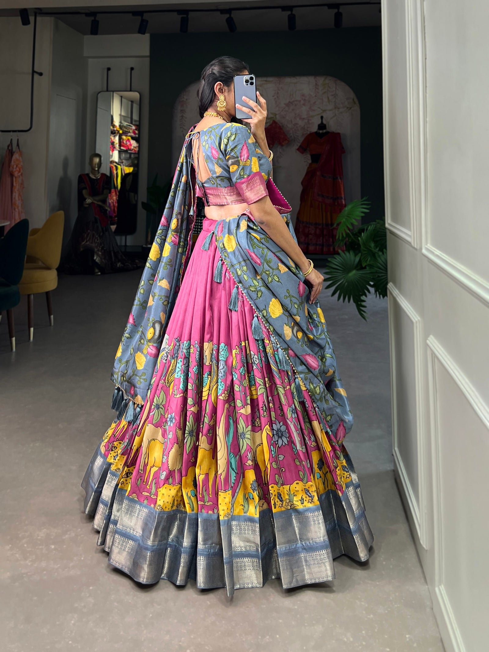 Pink Kalamkari Dola Silk Lehenga Choli Set with Zari Borders ClothsVilla