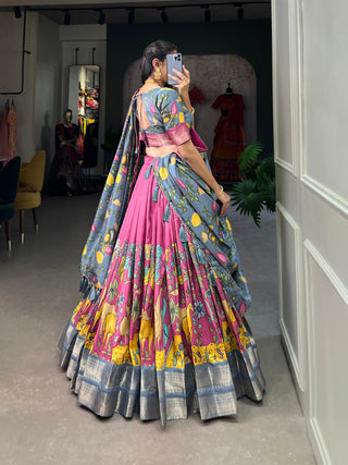 Pink Kalamkari Dola Silk Lehenga Choli Set with Zari Borders ClothsVilla