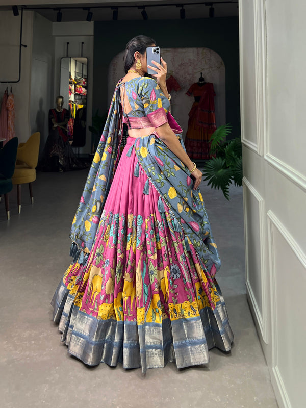 Pink Kalamkari Dola Silk Lehenga Choli Set with Zari Borders ClothsVilla