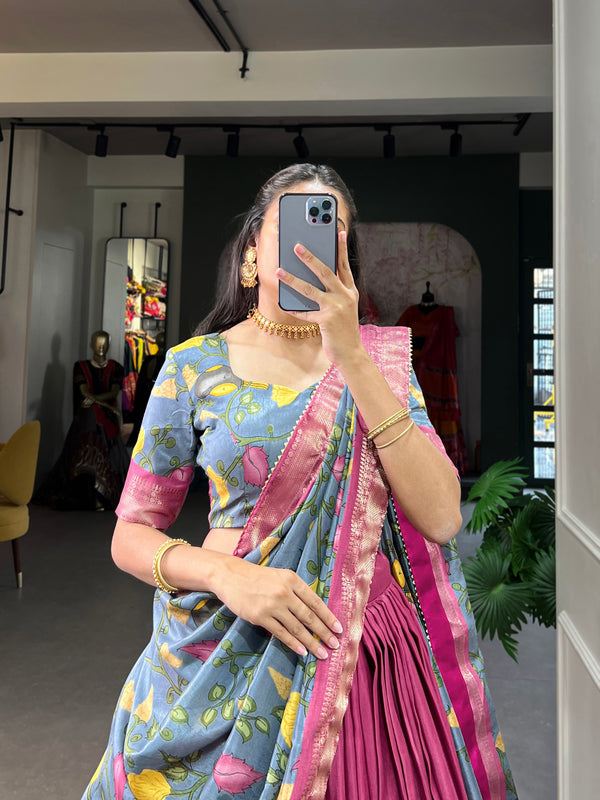Pink Kalamkari Dola Silk Lehenga Choli Set with Zari Borders ClothsVilla