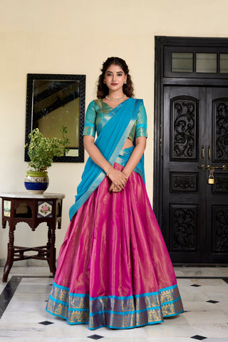 Pink Kanchipuram Lehenga Choli – Heritage Redefined with Regal Zari Weaving