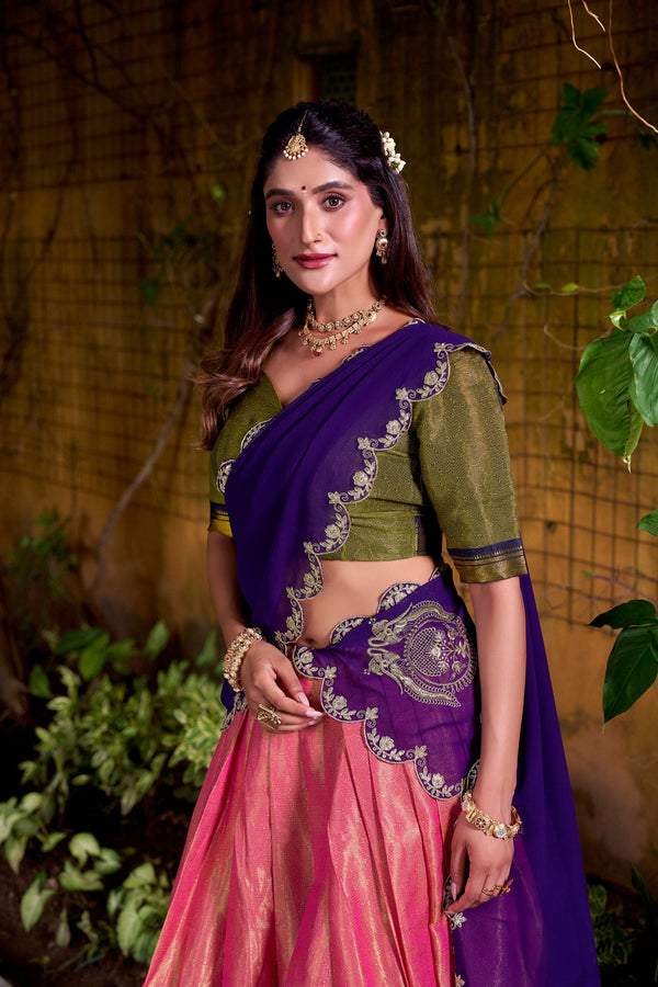 Pink Kanchipuram Zari Weaving Lehenga with Purple Embroidered Georgette Dupatta ClothsVilla
