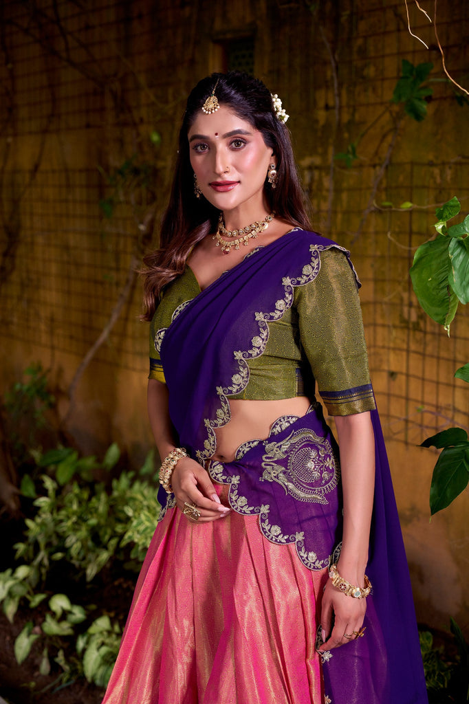 Pink Kanchipuram Zari Weaving Lehenga with Purple Embroidered Georgette Dupatta ClothsVilla