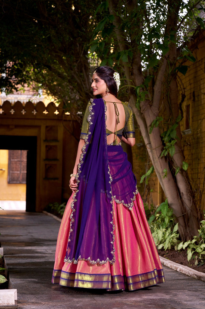 Pink Kanchipuram Zari Weaving Lehenga with Purple Embroidered Georgette Dupatta ClothsVilla