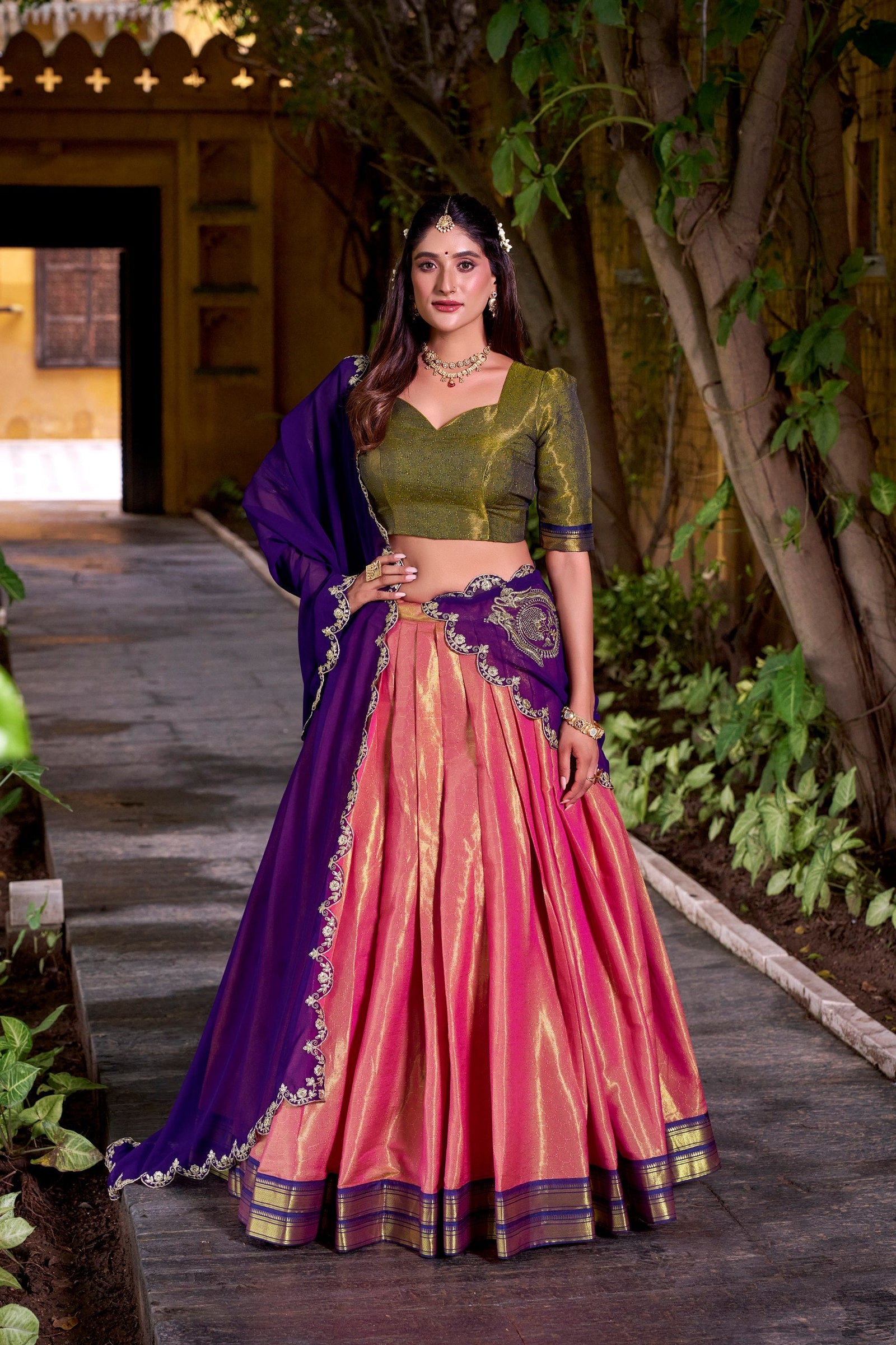 Pink Kanchipuram Zari Weaving Lehenga with Purple Embroidered Georgette Dupatta ClothsVilla