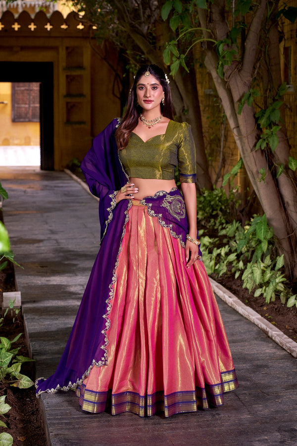Pink Kanchipuram Zari Weaving Lehenga with Purple Embroidered Georgette Dupatta ClothsVilla