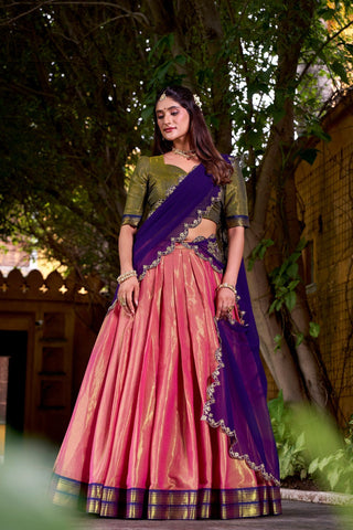 Pink Kanchipuram Zari Weaving Lehenga with Purple Embroidered Georgette Dupatta ClothsVilla