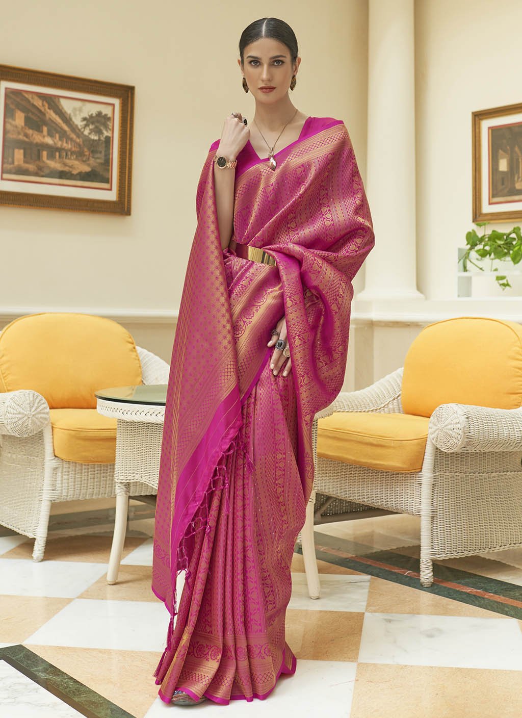 Pink Kanjivaram Silk Saree with Sequins Zari ClothsVilla