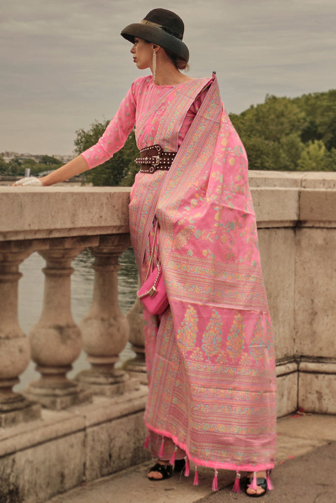 Pink Kashmiri Satin Organza Handloom Weaving Saree with Unstitched Blouse ClothsVilla
