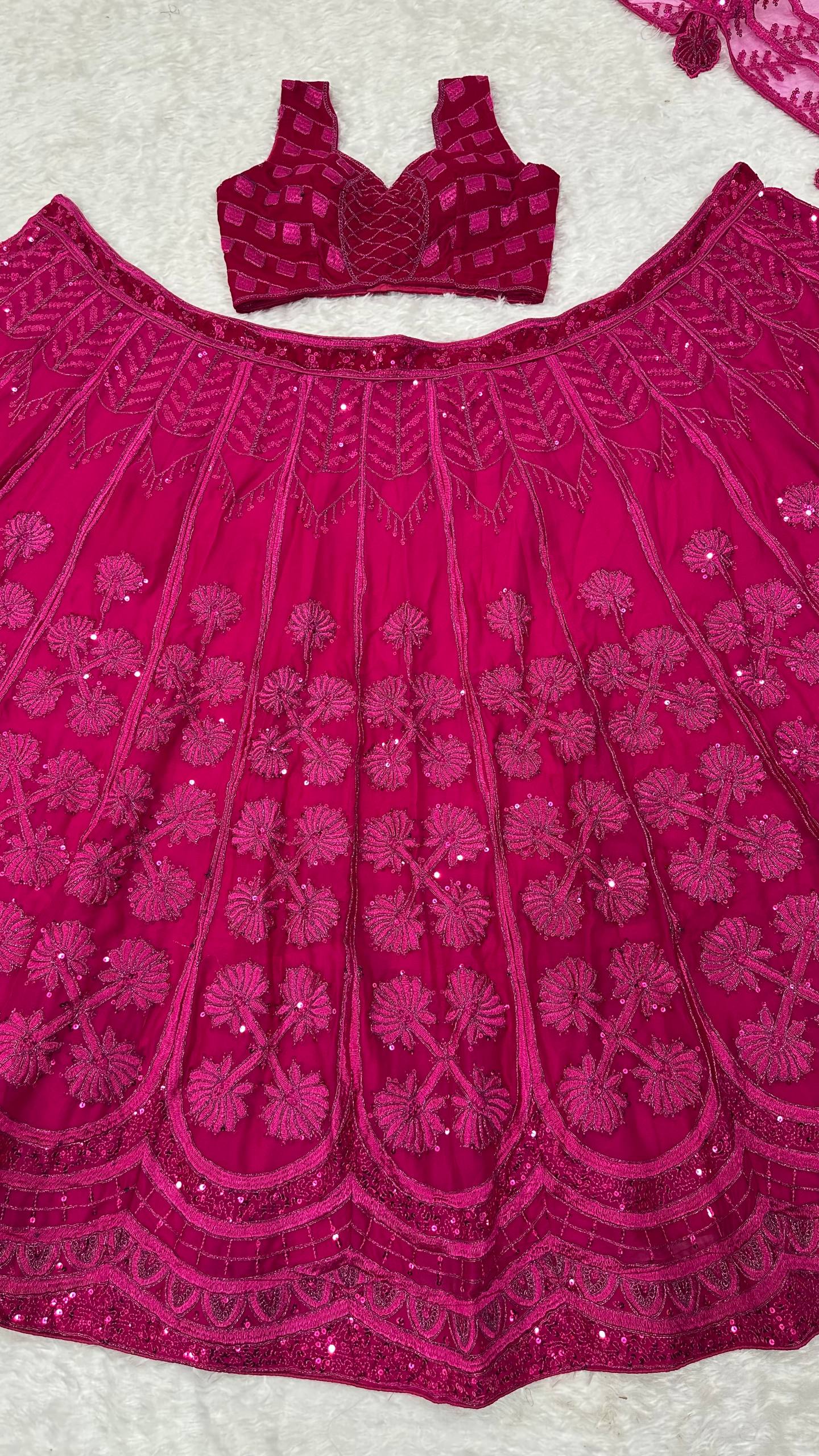 Pink Kasturi Silk Embroidered Lehenga Set with Soft Velvet Blouse & Net Dupatta – Thread, Sequins & Dori Work ClothsVilla