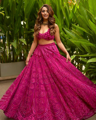 Pink Kasturi Silk Embroidered Lehenga Set with Soft Velvet Blouse & Net Dupatta – Thread, Sequins & Dori Work ClothsVilla