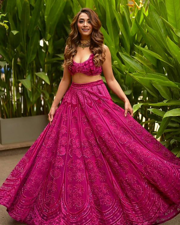 Pink Kasturi Silk Embroidered Lehenga Set with Soft Velvet Blouse & Net Dupatta – Thread, Sequins & Dori Work ClothsVilla
