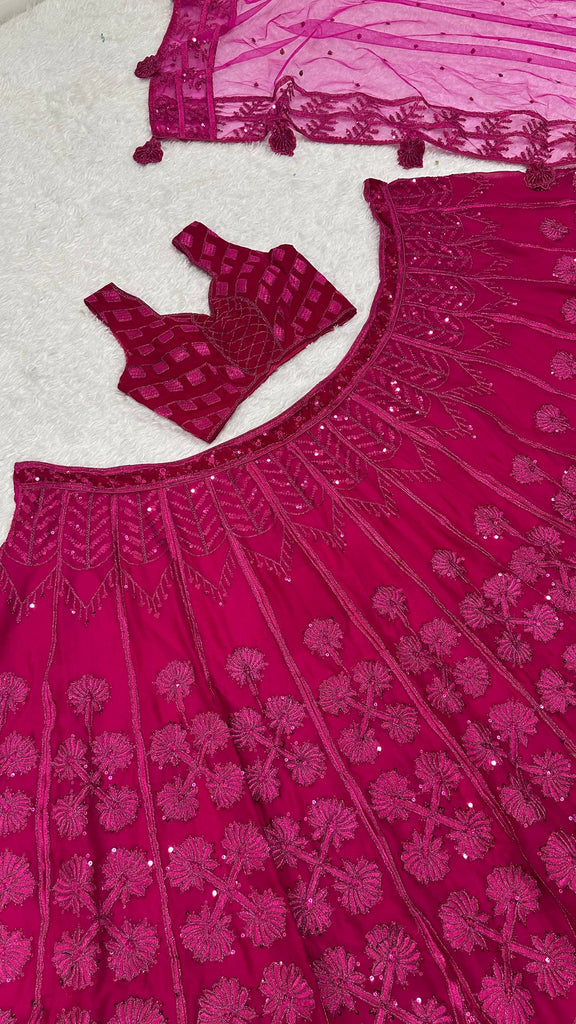Pink Kasturi Silk Embroidered Lehenga Set with Soft Velvet Blouse & Net Dupatta – Thread, Sequins & Dori Work ClothsVilla