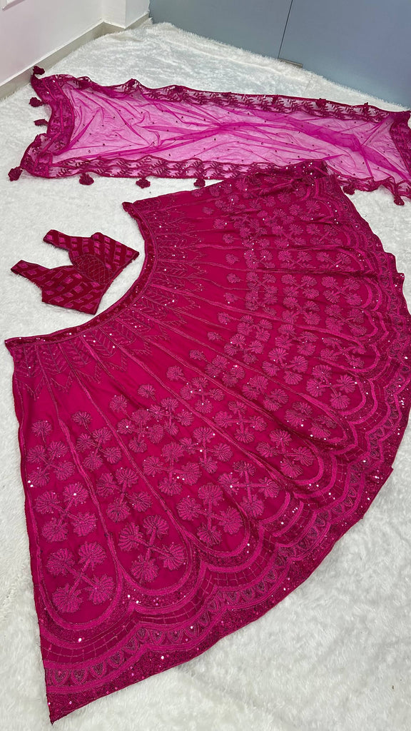 Pink Kasturi Silk Embroidered Lehenga Set with Soft Velvet Blouse & Net Dupatta – Thread, Sequins & Dori Work ClothsVilla